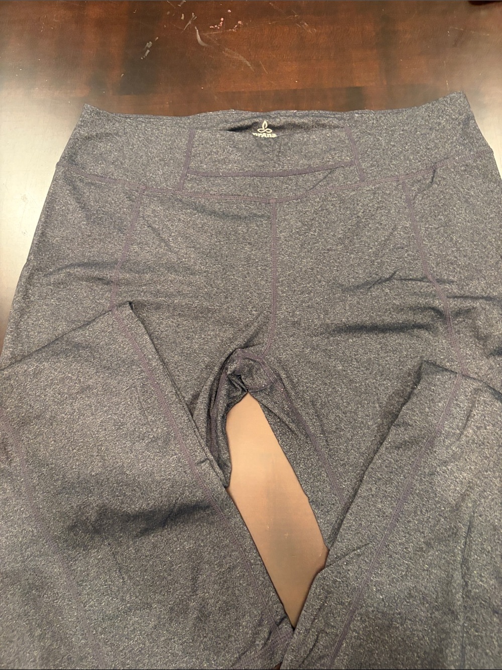 Prana Heathered Charcoal Leggings with Purple Topstitching